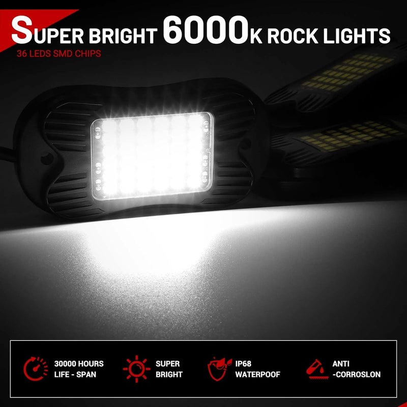 SHINIGHT 4 Pods White Rock Lights - 6000K Pure White Super Bright Underglow, 10FT/3M Extension Wires Each, 36 LED SMD Chips, Waterproof IP68, Rock Lights for Trucks, UTV, ATV, SUV, Boats - Image 3